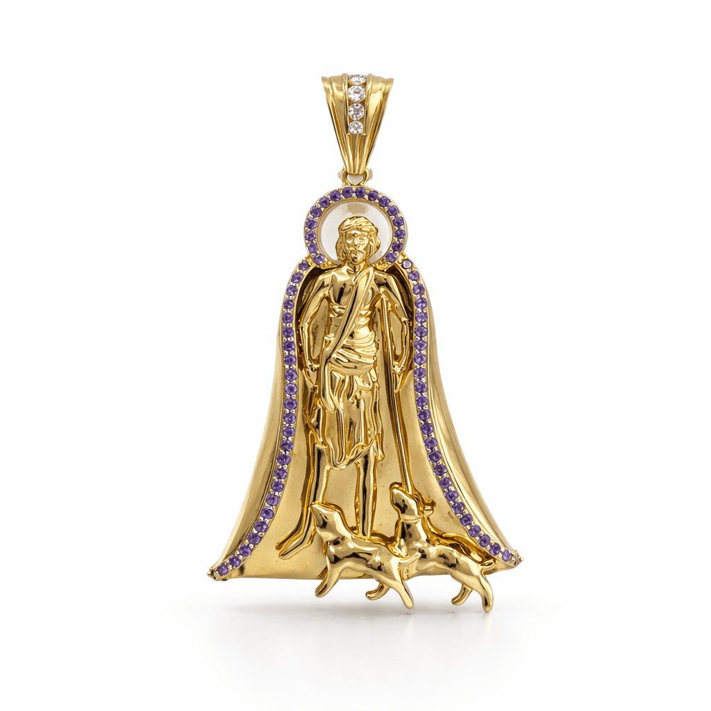 10K Gold Saint Lazarus Pendant with Purple Stones - Pendants